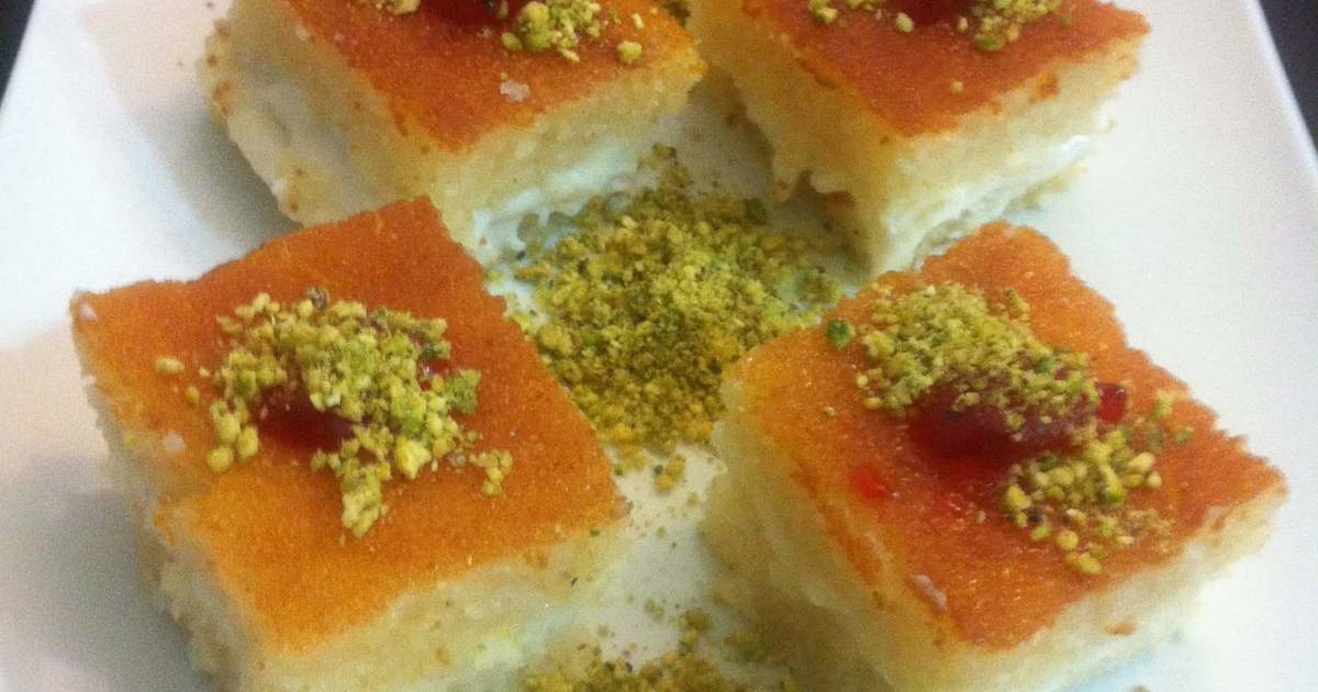 طريقة عمل البسبوسة بالقشطة بطريقة المحلات