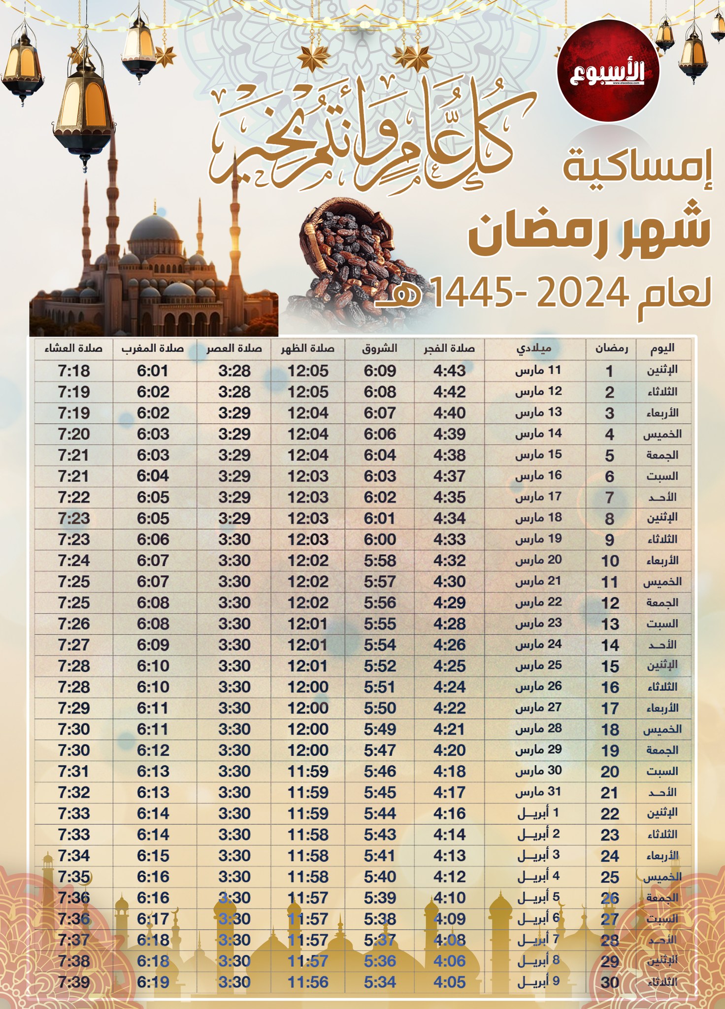 تحفة.. امساكية شهر رمضان 2024 وموعد الأفطار والسحور بصورة جميلة ومنسقة