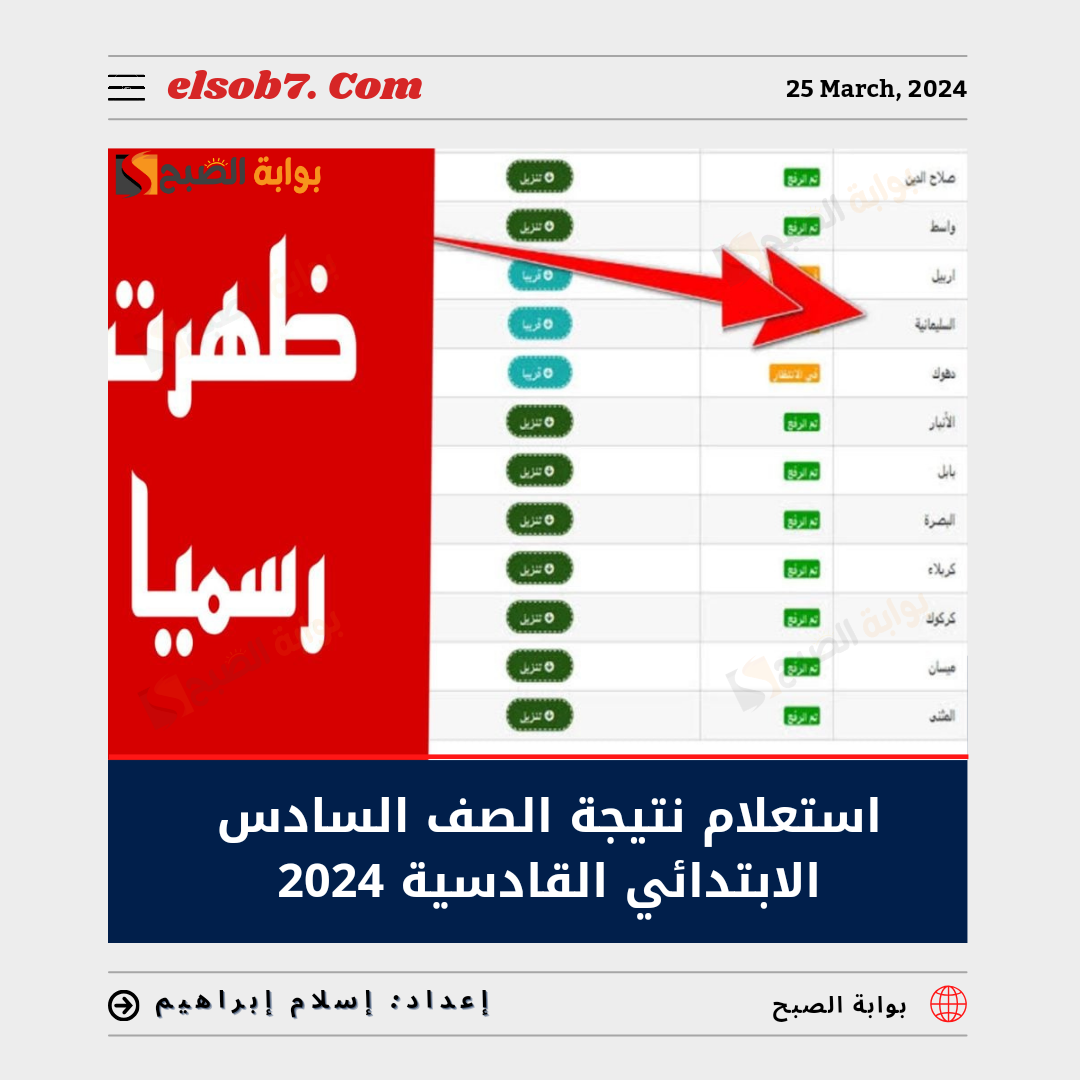 "رسمياً" استعلام نتيجة الصف السادس الابتدائي القادسية 2024 الدور الأول 5 “رسمياً” استعلام نتيجة الصف السادس الابتدائي القادسية 2024 الدور الأول