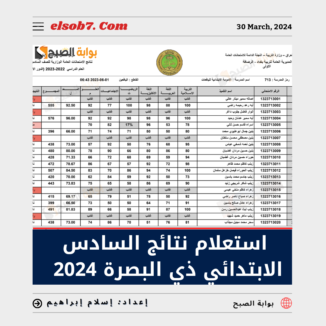 "عاجل ورسمياً" خطوات ورابط الاستعلام عن نتيجة السادس الابتدائي البصرة 2024 الترم الثاني 5 “عاجل ورسمياً” خطوات ورابط الاستعلام عن نتيجة السادس الابتدائي البصرة 2024 الترم الثاني