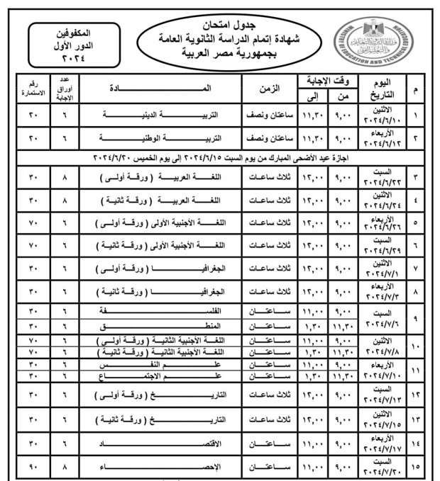 “علمي و ادبي” جدول امتحانات الثانوية العامة 2024 من وزارة التربية والتعليم وتفاصيل الاختبارات