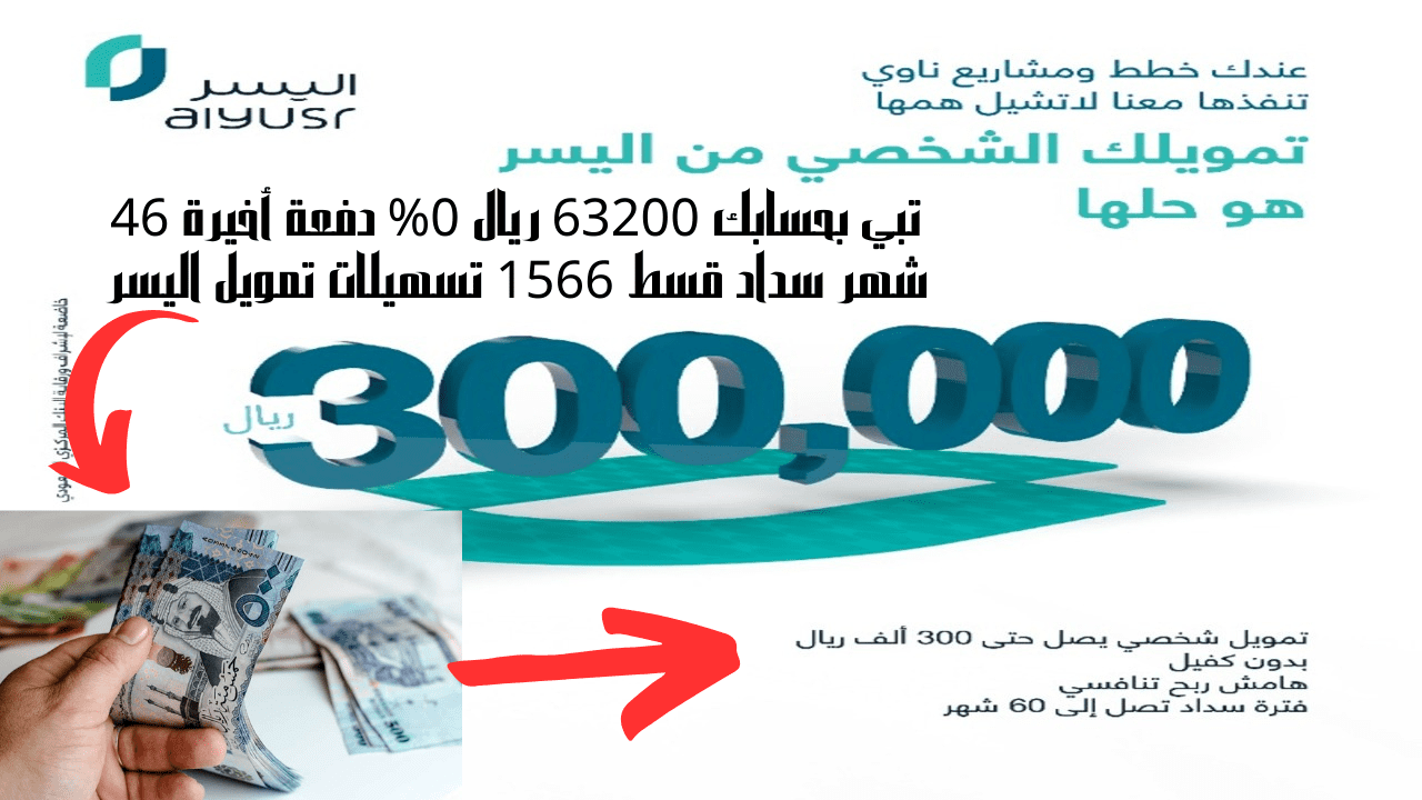 تبي بحسابك 63200 ريال 0% دفعة أخيرة 46 شهر سداد قسط 1566 تسهيلات تمويل اليسر