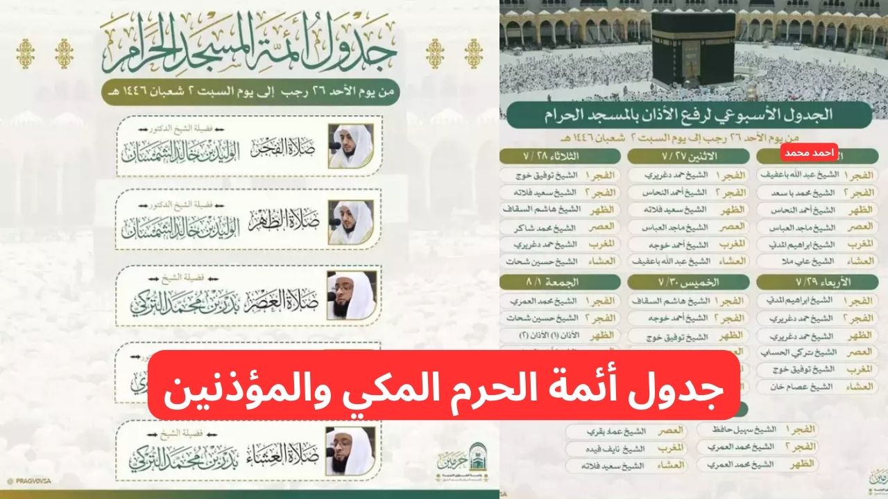 جدول أئمة الحرم المكي هذا الأسبوع 1446 والمؤذنين