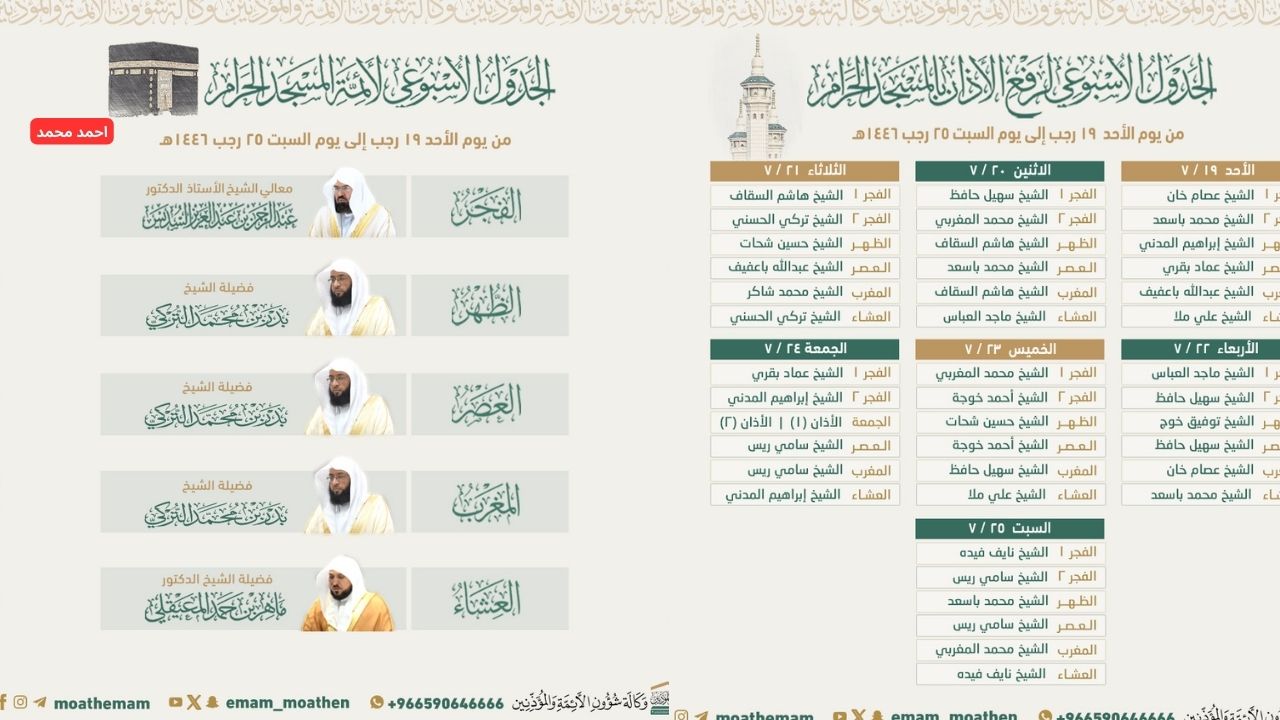 جدول أئمة الحرم المكي هذا الأسبوع 1446 والمؤذنين.. التفاصيل كاملة