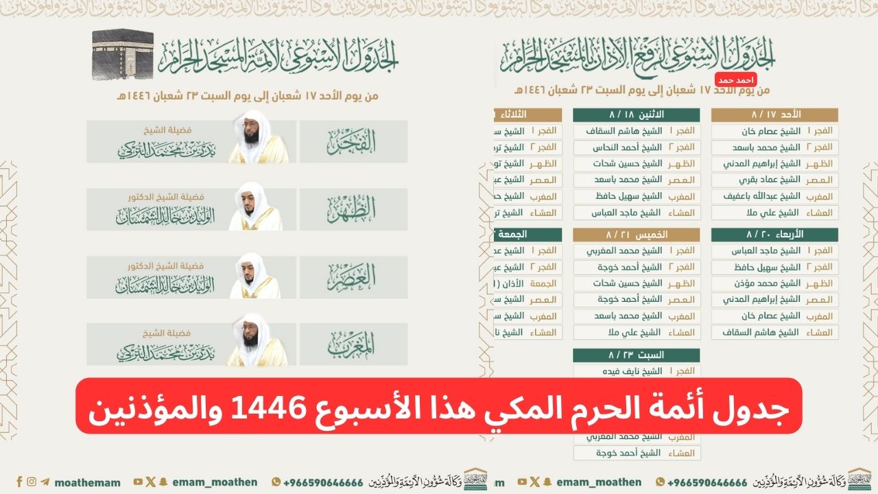 حتى 23 شعبان.. جدول أئمة الحرم المكي هذا الأسبوع 1446 والمؤذنين