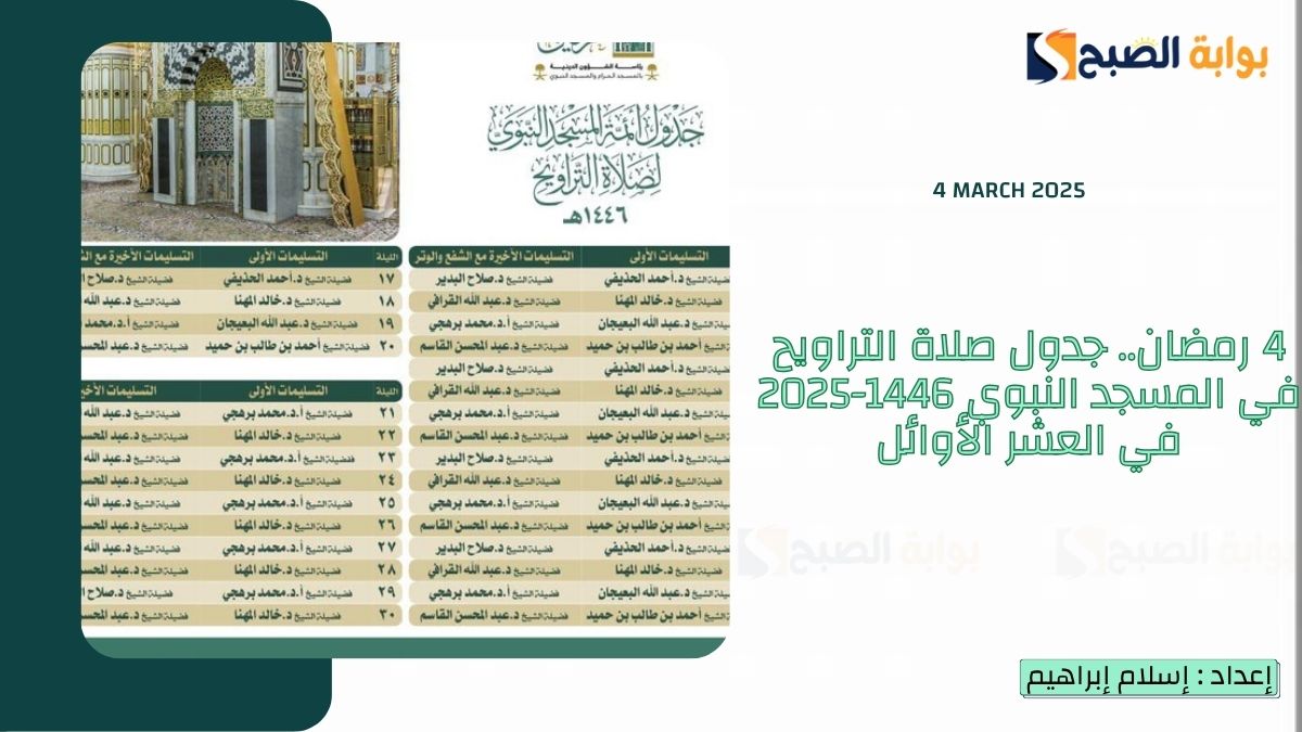 6 رمضان.. جدول صلاة التراويح في المسجد النبوي 1446-2025 في العشر الأوائل