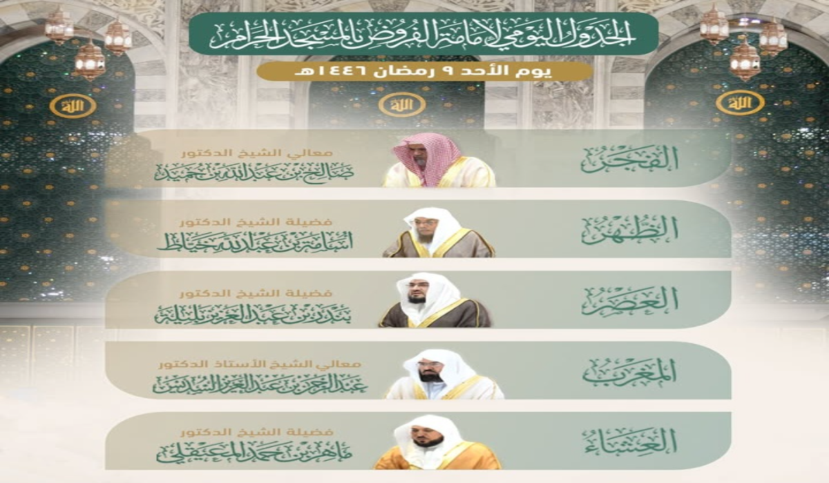 الجدول اليومي لأئمة الفروض والتراويح يوم 9 رمضان 2025 في المسجد الحرام 